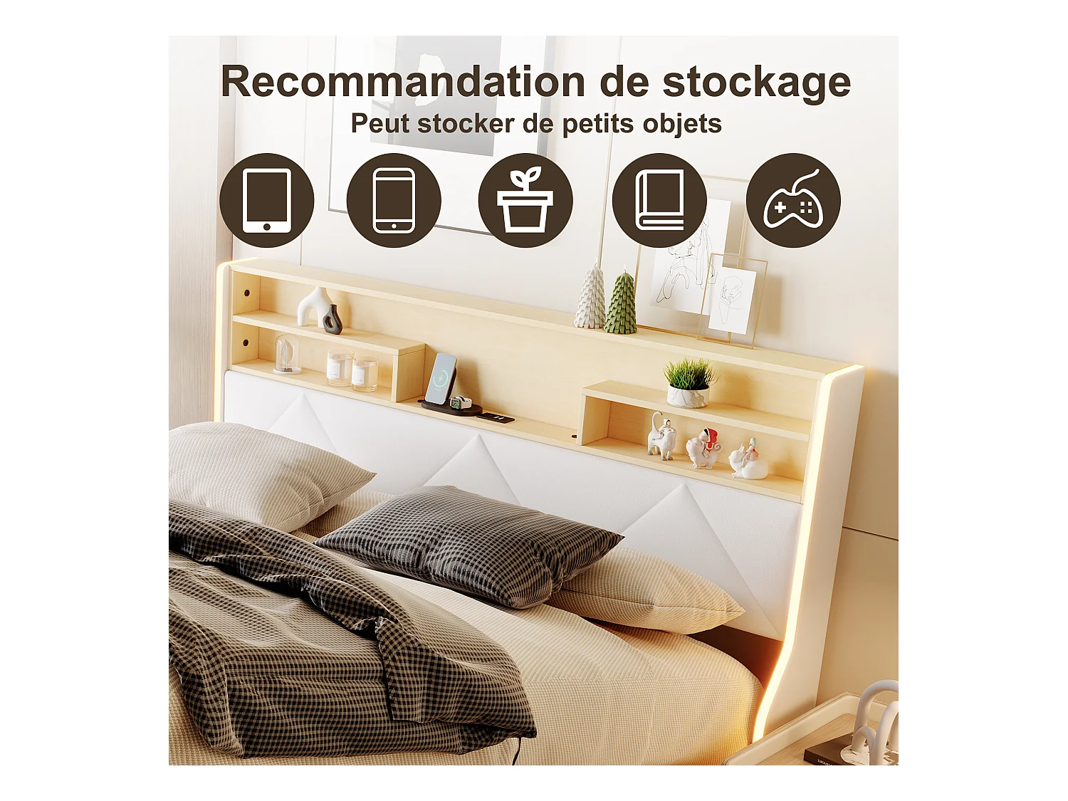 Lit coffre 140x200 cm avec tête de lit rangement, port USB/Type-C et éclairage LED RVB – PU blanc & chêne clair