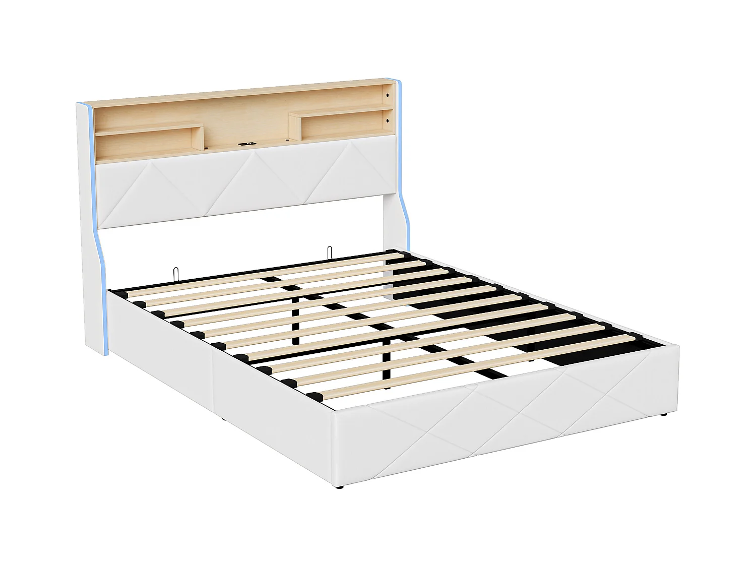 Lit coffre 140x200 cm avec tête de lit rangement, port USB/Type-C et éclairage LED RVB – PU blanc & chêne clair