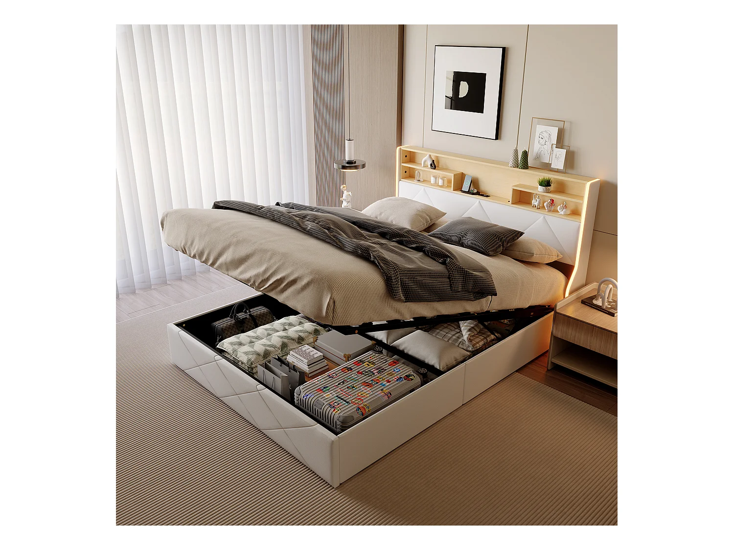 140 x 200 cm Bett mit Stauraum und Kopfteil mit Stauraum, USB-/Typ-C-Anschluss und RGB-LED-Beleuchtung – weißes PU & helle Eiche