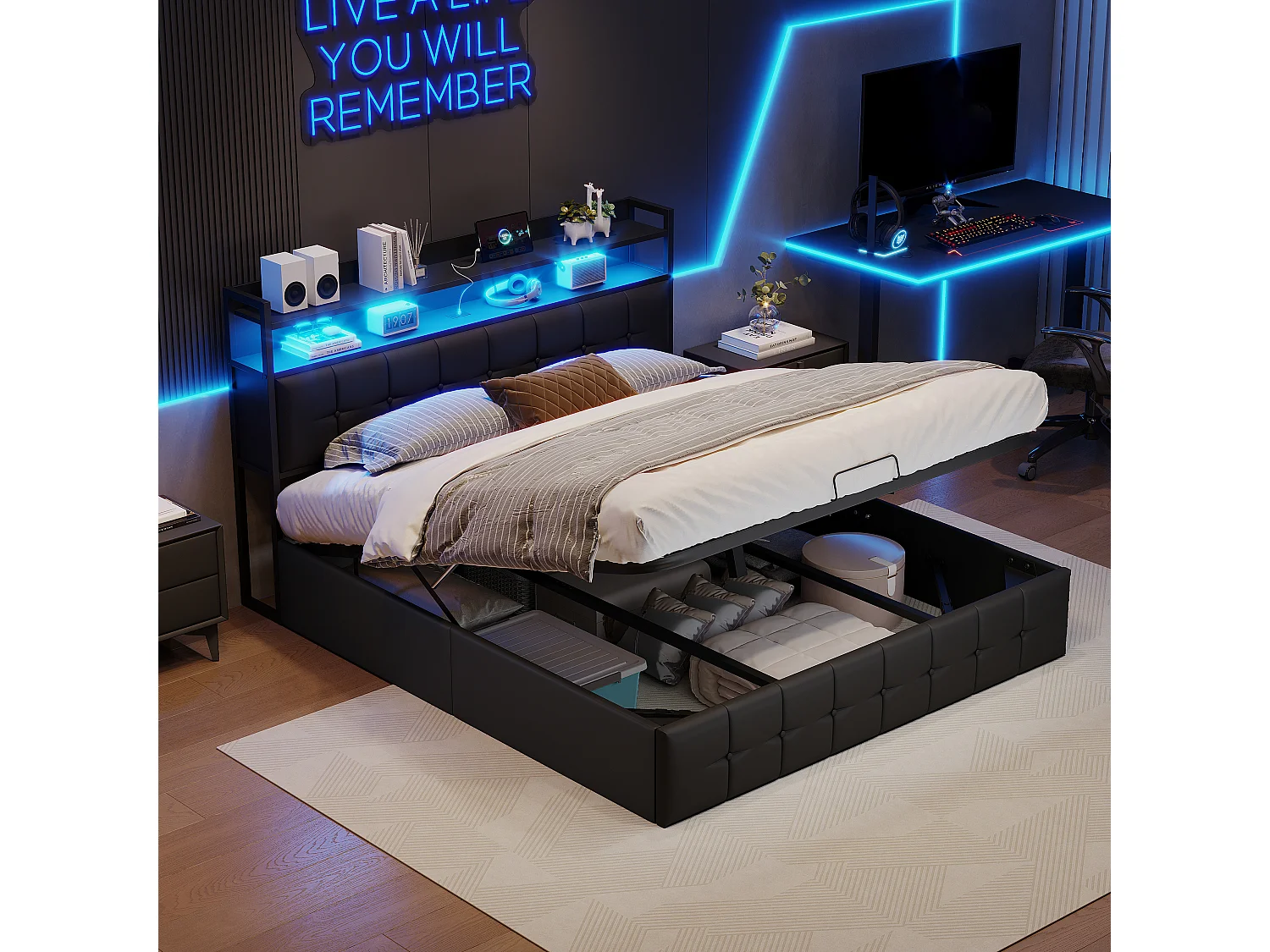 Seng med opbevaring, RGB LED-belysning, hovedgærde med USB/USB-C-opladestation og opbevaringsrum – Sort kunstlæder – 140x200 cm