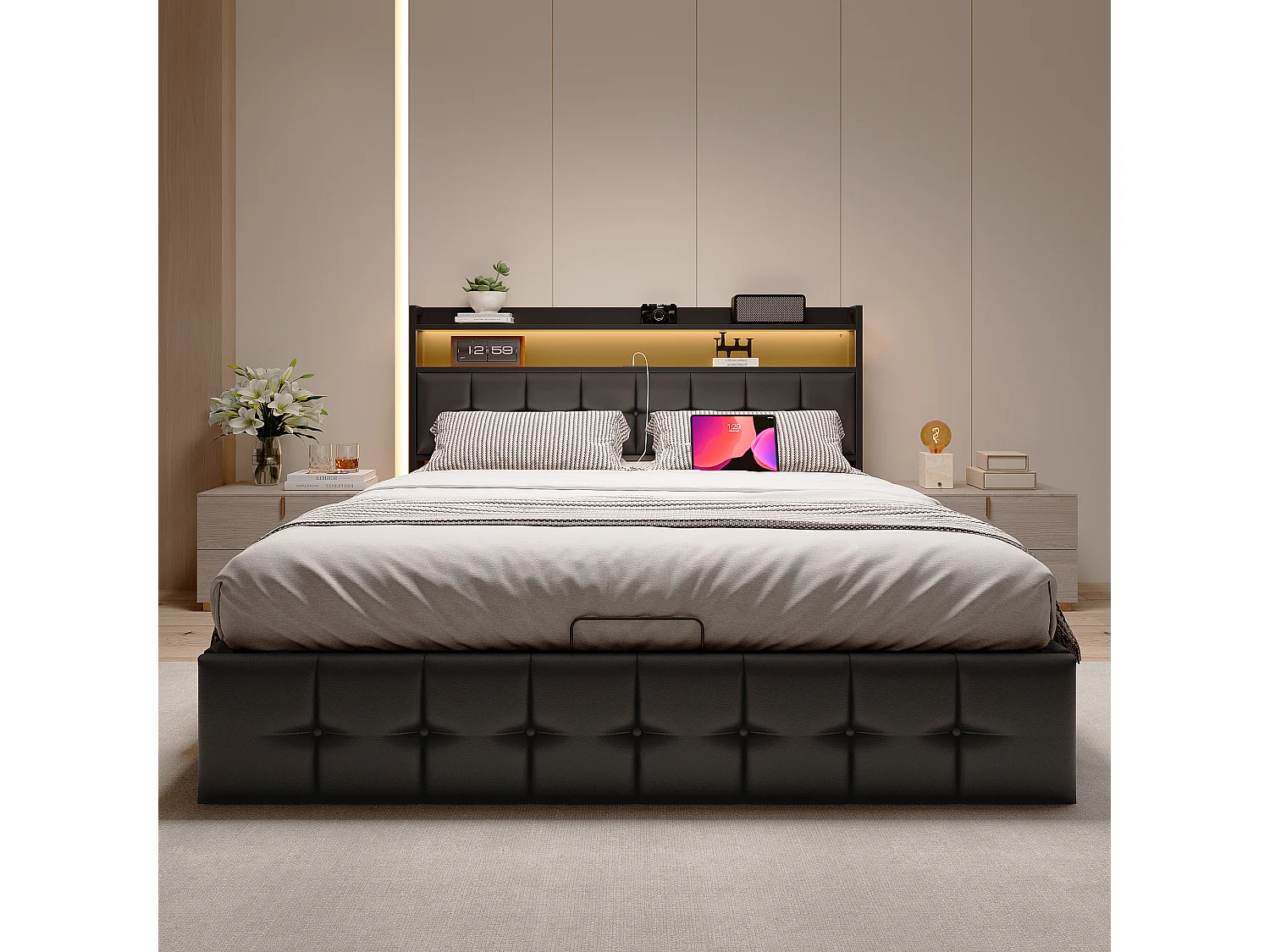 Seng med opbevaring, RGB LED-belysning, hovedgærde med USB/USB-C-opladestation og opbevaringsrum – Sort kunstlæder – 140x200 cm