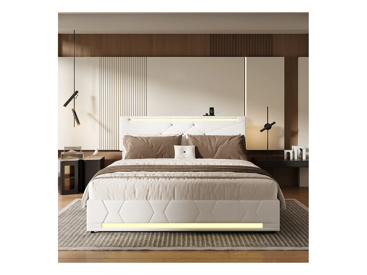 Lit coffre avec LED RGB et ports USB-C/USB – 160x200 cm – Tissu beige – Tête de lit réglable – Grande capacité de rangement