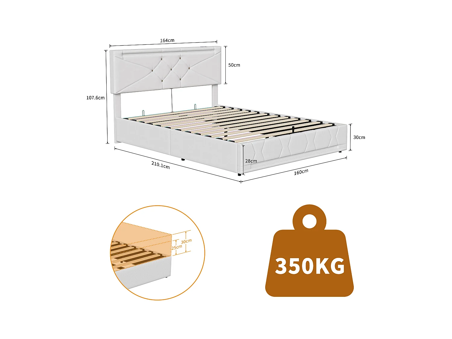Lit coffre avec LED RGB et ports USB-C/USB – 160x200 cm – Tissu beige – Tête de lit réglable – Grande capacité de rangement