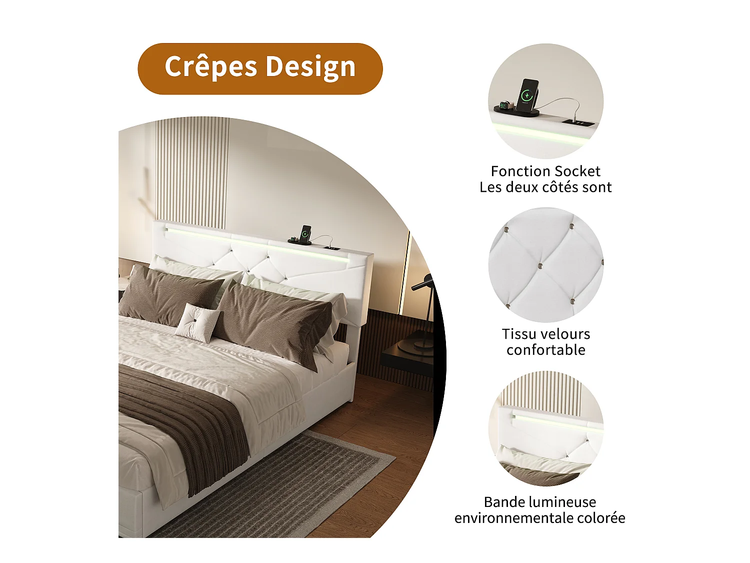 Lit coffre avec LED RGB et ports USB-C/USB – 160x200 cm – Tissu beige – Tête de lit réglable – Grande capacité de rangement