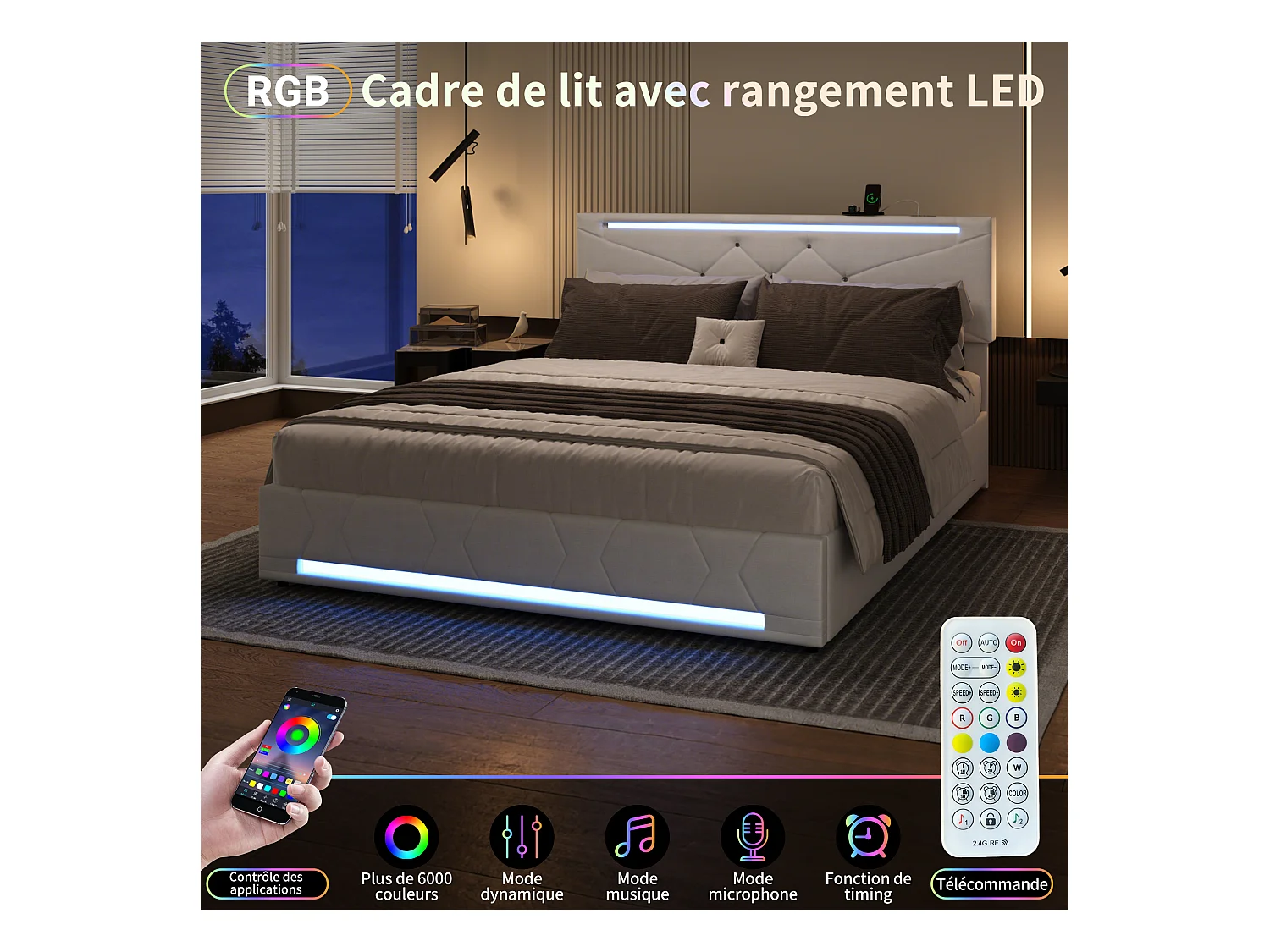 Lit coffre avec LED RGB et ports USB-C/USB – 160x200 cm – Tissu beige – Tête de lit réglable – Grande capacité de rangement