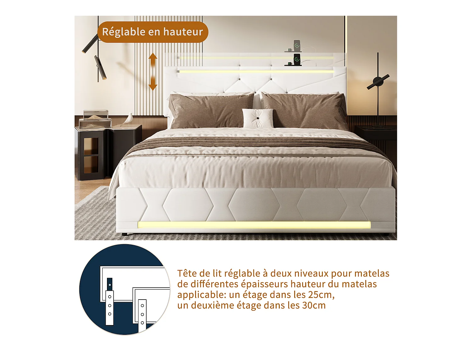 Lit coffre avec LED RGB et ports USB-C/USB – 160x200 cm – Tissu beige – Tête de lit réglable – Grande capacité de rangement
