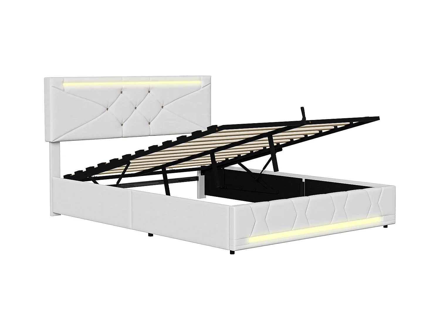 Lit coffre avec LED RGB et ports USB-C/USB – 160x200 cm – Tissu beige – Tête de lit réglable – Grande capacité de rangement