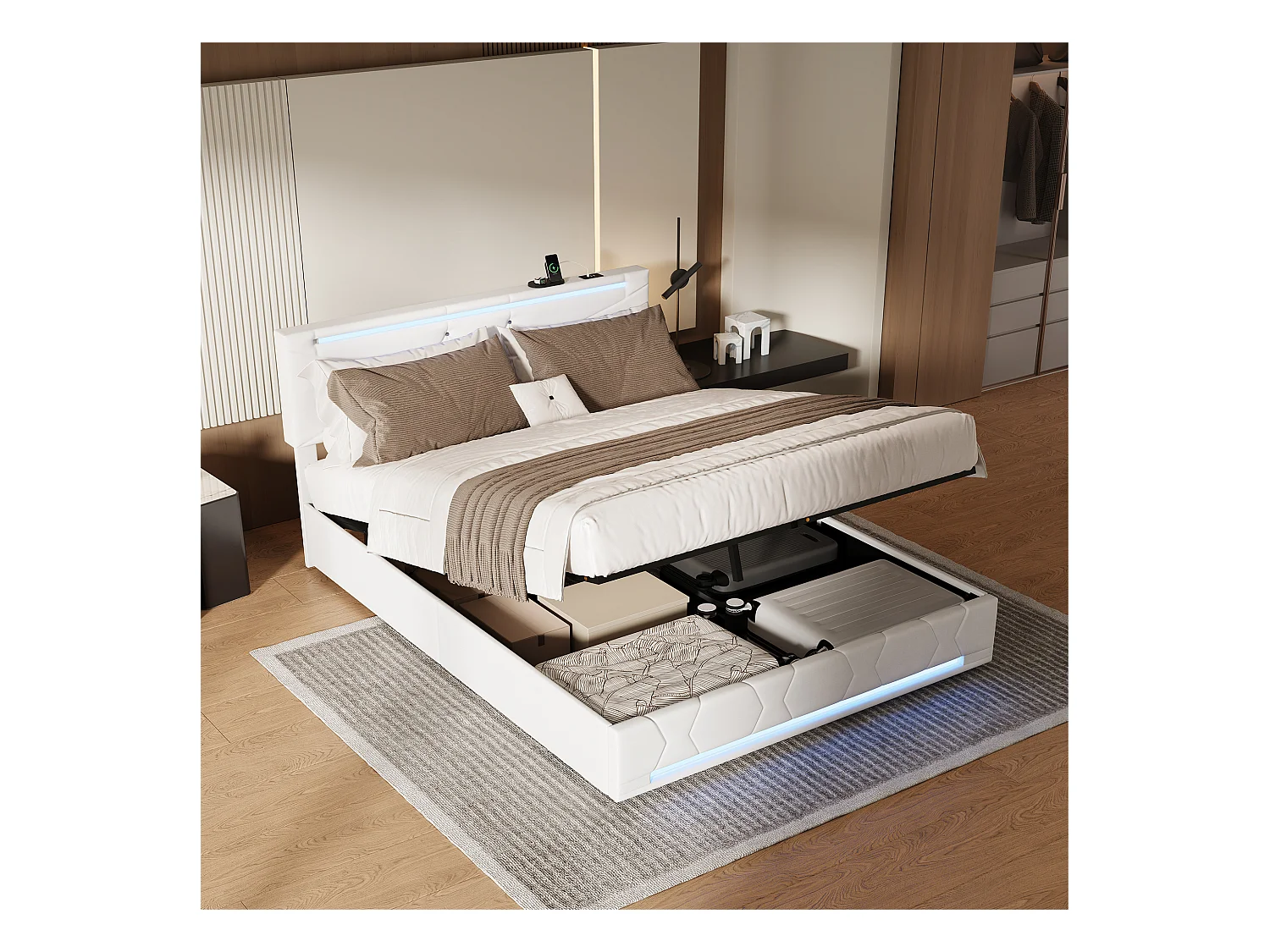 Cama com arrumação e LED RGB e portas USB-C/USB – 160x200 cm – Tecido bege – Cabeceira ajustável – Grande capacidade de arrumação
