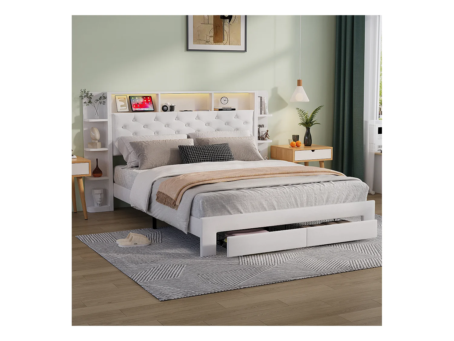 Lit coffre avec rangements, LED multicolores et station de charge USB – 140x200 cm – Tissu velours blanc – Design moderne