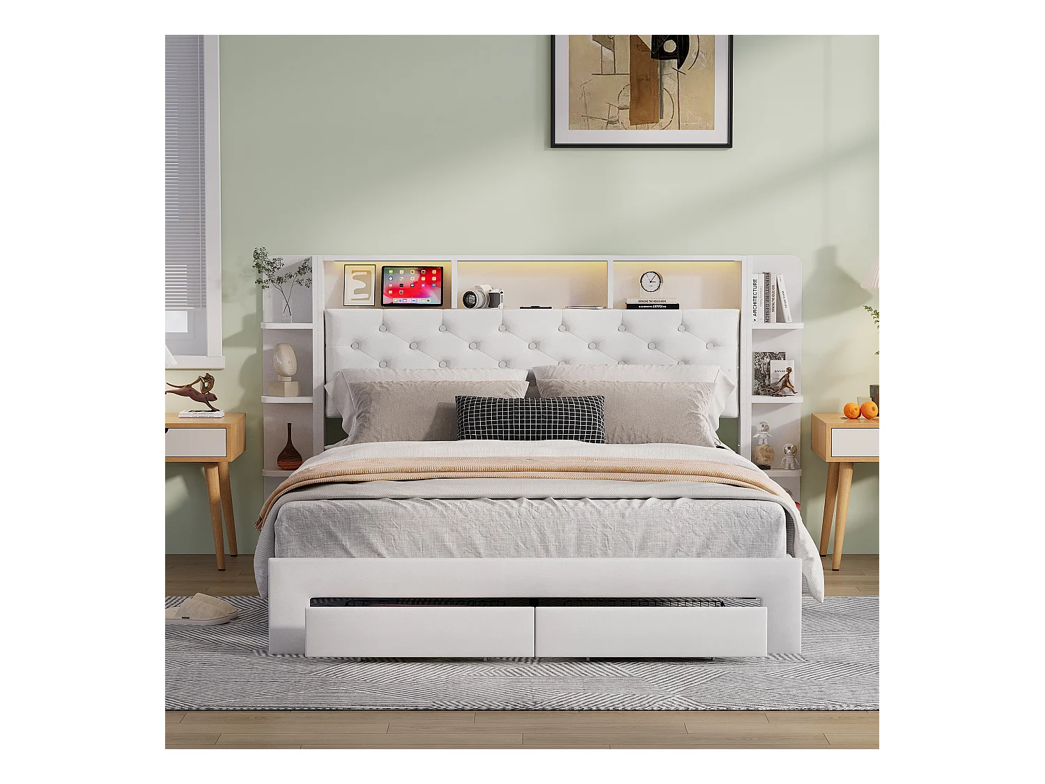 Lit coffre avec rangements, LED multicolores et station de charge USB – 140x200 cm – Tissu velours blanc – Design moderne