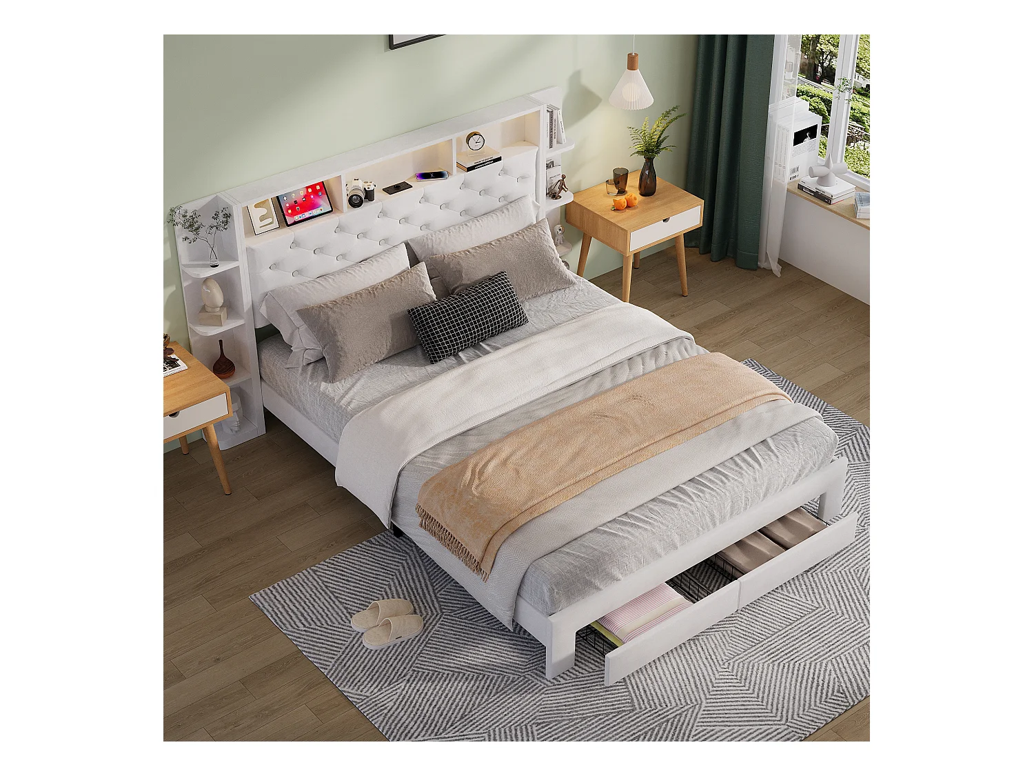 Lit coffre avec rangements, LED multicolores et station de charge USB – 140x200 cm – Tissu velours blanc – Design moderne