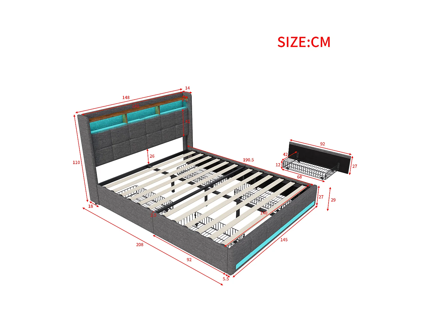 Cama doble con LED RGB, cabecero con almacenaje y puertos USB/Tipo C, 4 cajones de almacenaje, Tejido de lino gris – 140x190 cm