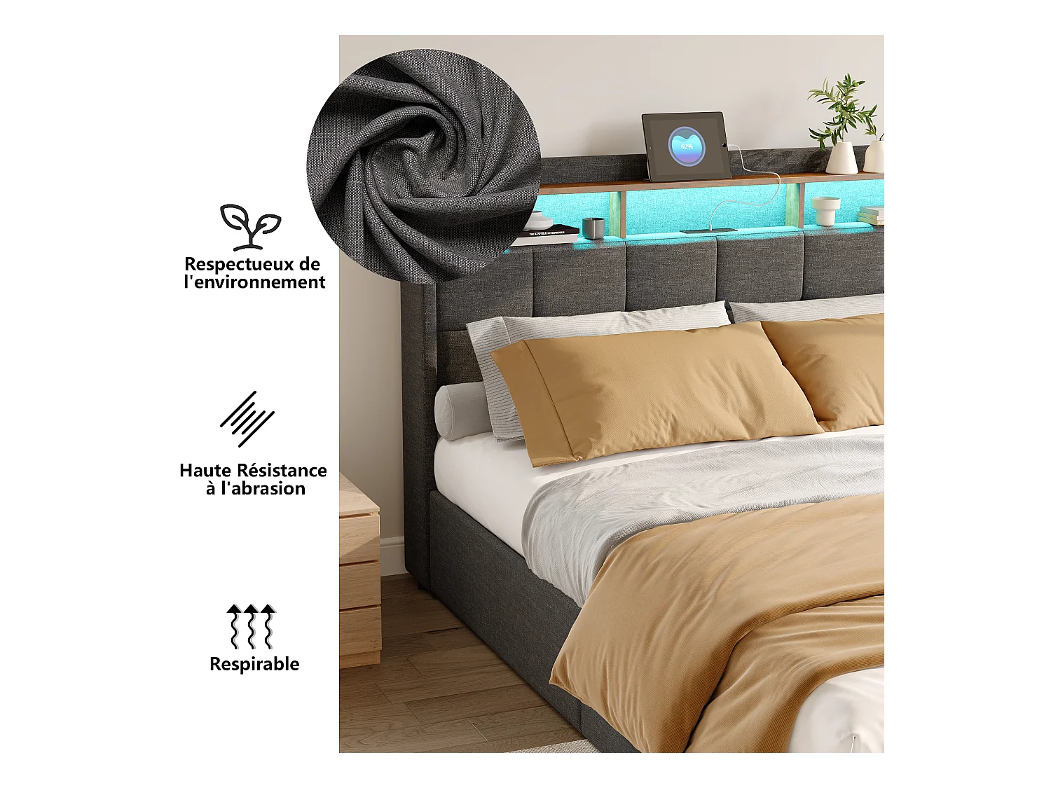 Cama doble con LED RGB, cabecero con almacenaje y puertos USB/Tipo C, 4 cajones de almacenaje, Tejido de lino gris – 140x190 cm