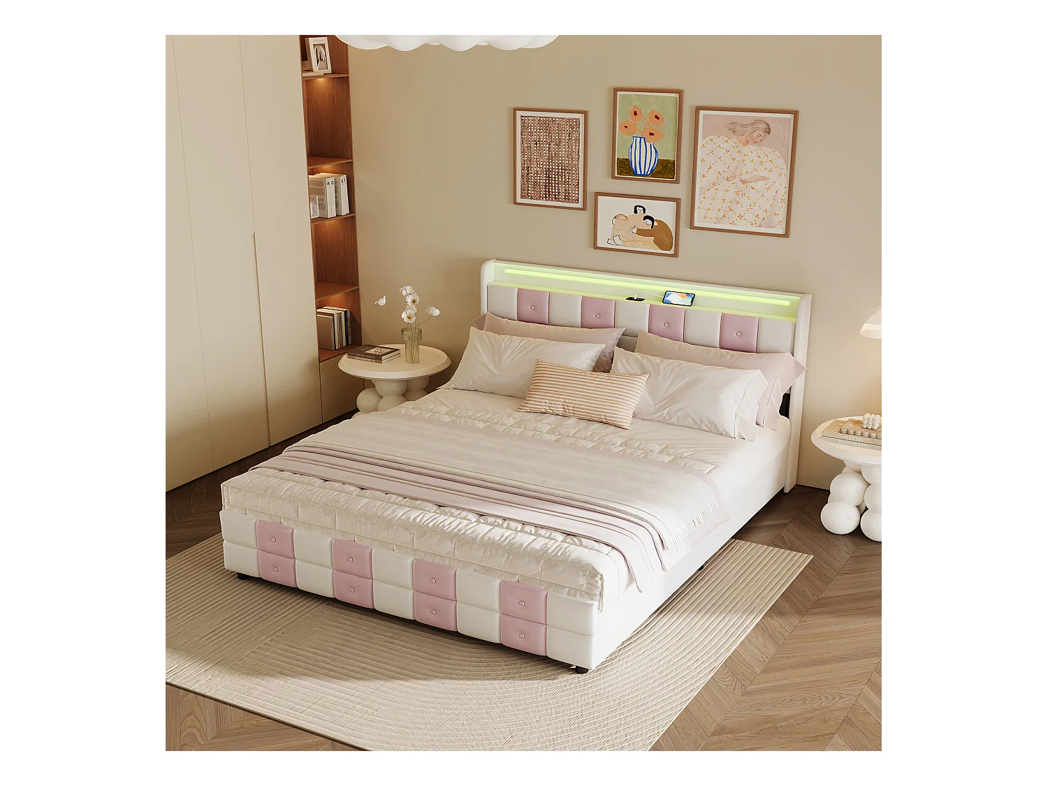 Lit coffre avec LED RGB, tête de lit avec ports USB et 4 tiroirs de rangement – Velours doux – 140x200 cm – Design moderne