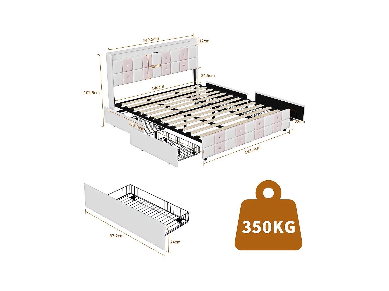 Lit coffre avec LED RGB, tête de lit avec ports USB et 4 tiroirs de rangement – Velours doux – 140x200 cm – Design moderne