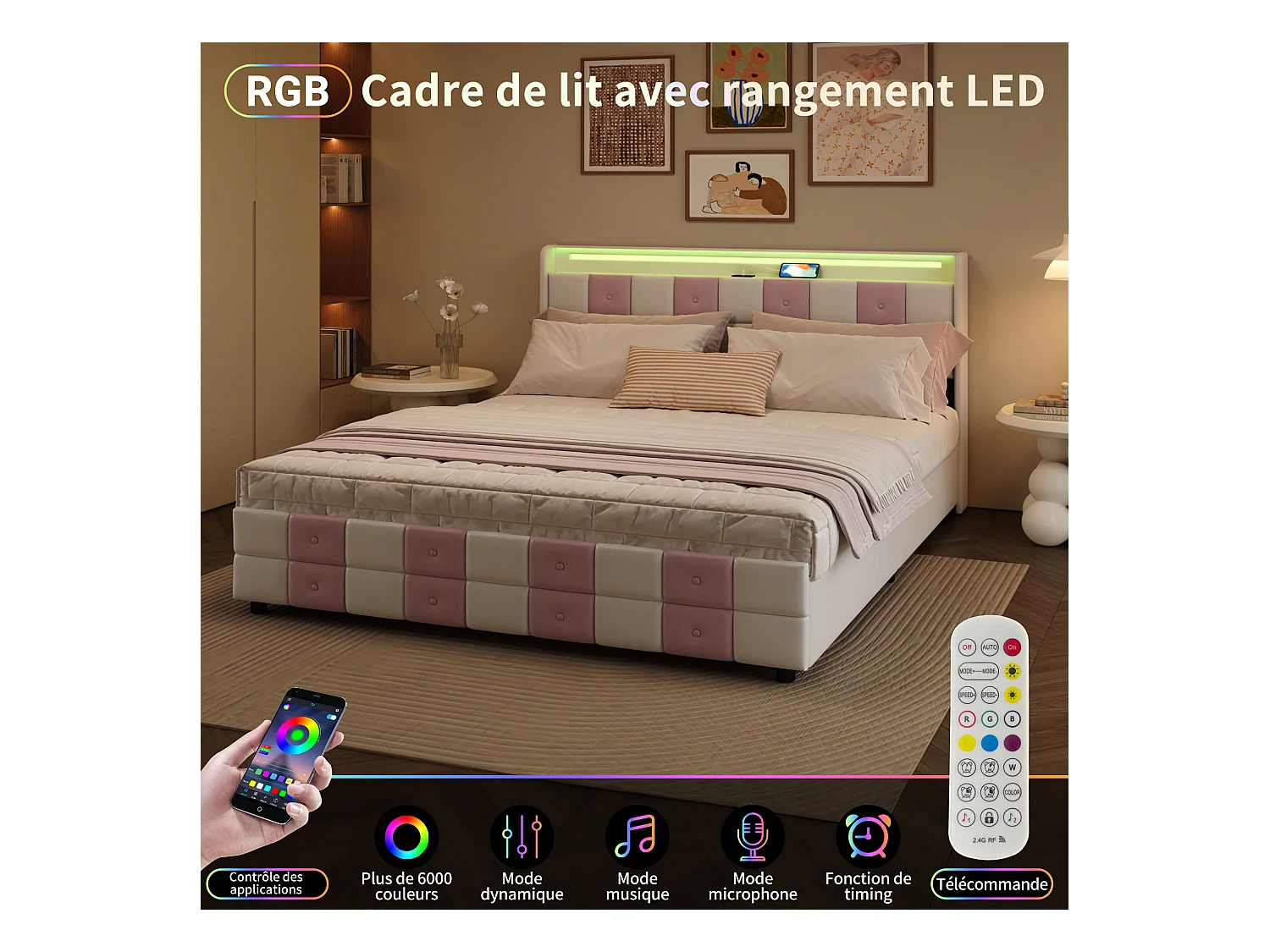 Lit coffre avec LED RGB, tête de lit avec ports USB et 4 tiroirs de rangement – Velours doux – 140x200 cm – Design moderne