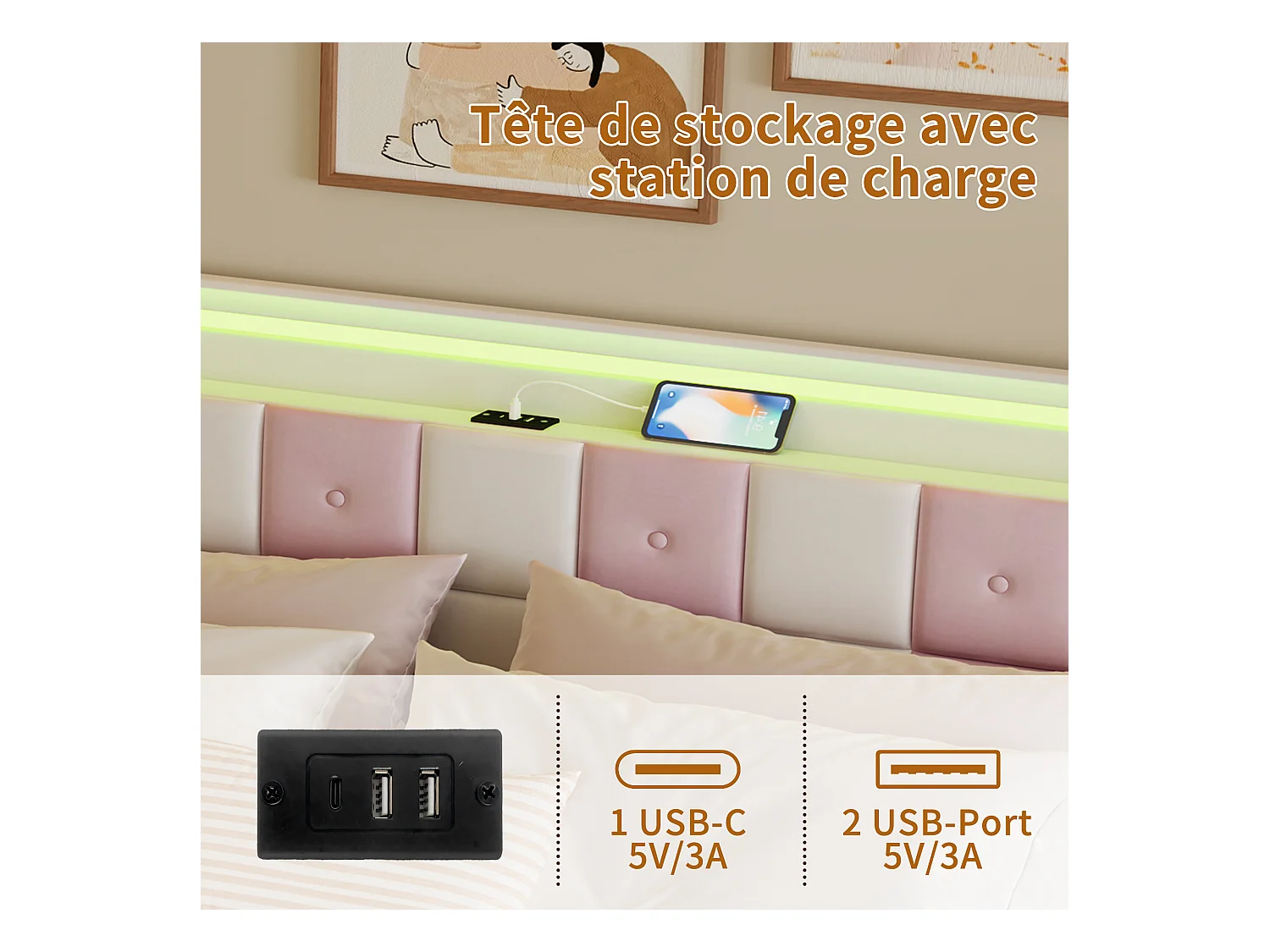 Lit coffre avec LED RGB, tête de lit avec ports USB et 4 tiroirs de rangement – Velours doux – 140x200 cm – Design moderne