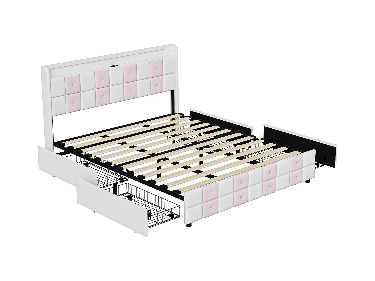 Lit coffre avec LED RGB, tête de lit avec ports USB et 4 tiroirs de rangement – Velours doux – 140x200 cm – Design moderne