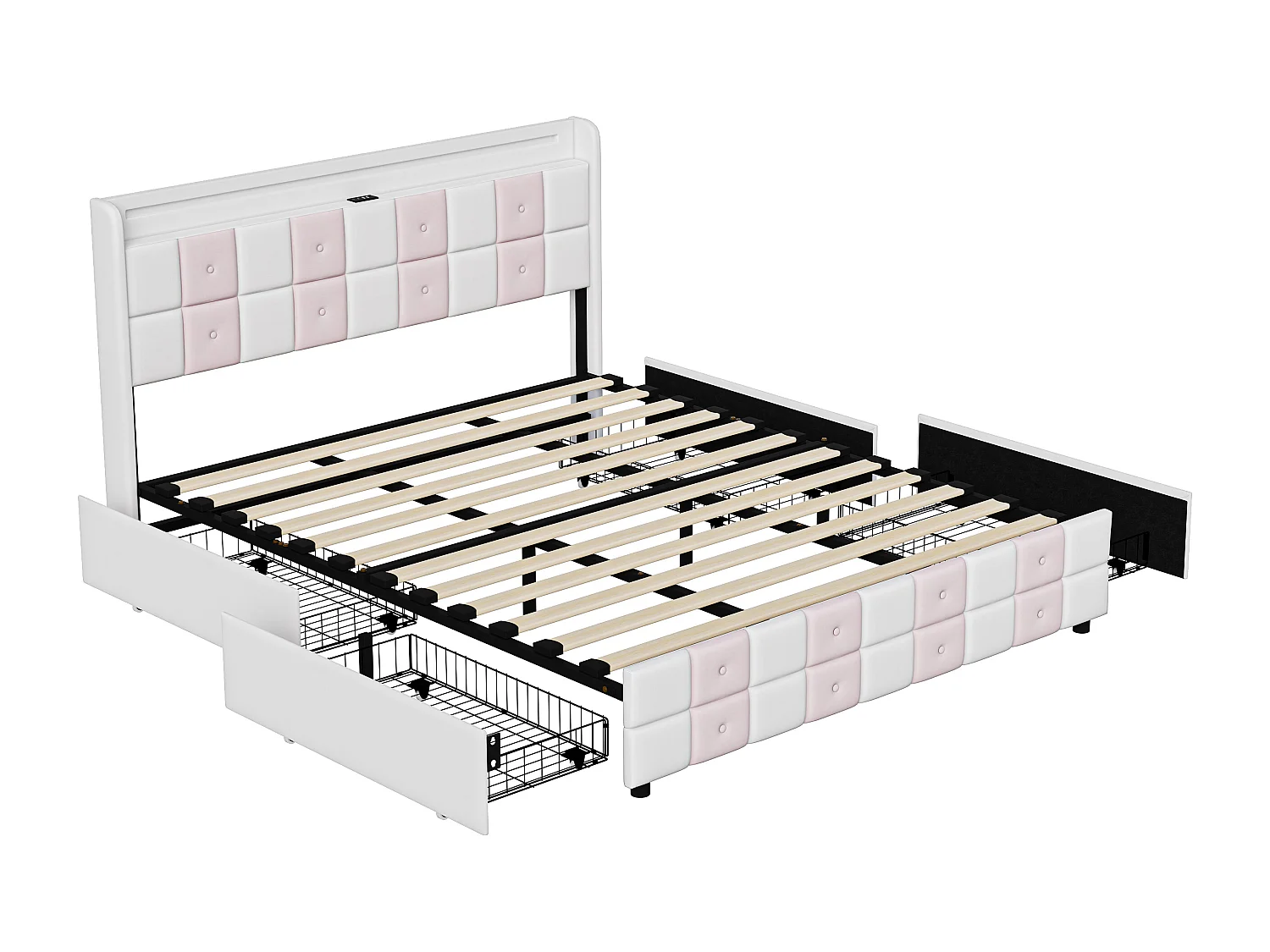 Lit coffre avec LED RGB, tête de lit avec ports USB et 4 tiroirs de rangement – Velours doux – 140x200 cm – Design moderne