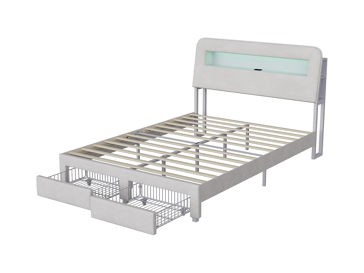 Lit coffre multifonction en velours avec LED, ports USB/Type-C, tête de lit avec rangements et 2 tiroirs, 160x200cm, Beige