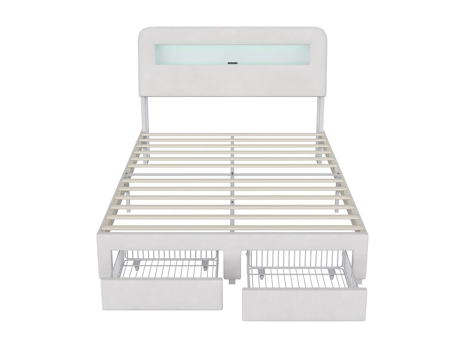 Multifunktionel seng med opbevaring i fløjl, LED-belysning, USB/Type-C-porte, hovedgærde med opbevaring og 2 skuffer, 160x200 cm, Beige