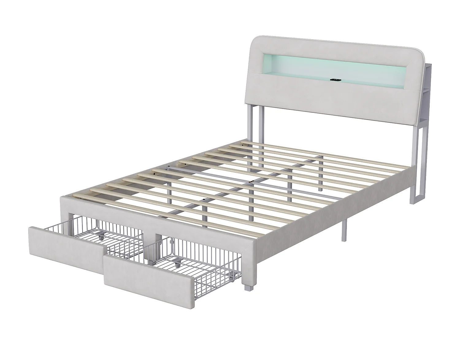 Multifunktionel seng med opbevaring i fløjl, LED-belysning, USB/Type-C-porte, hovedgærde med opbevaring og 2 skuffer, 160x200 cm, Beige