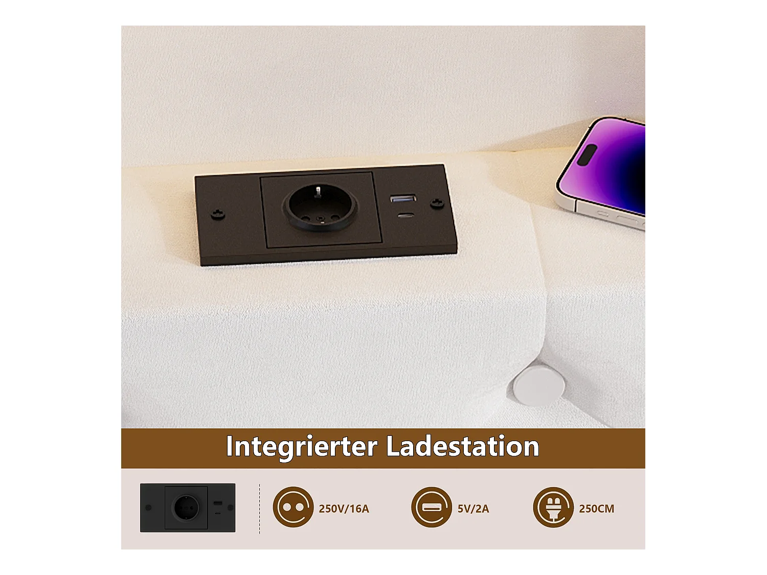 Lit coffre avec rangements, LED multicolores et station de charge USB – 160x200 cm – Tissu velours blanc – Design moderne