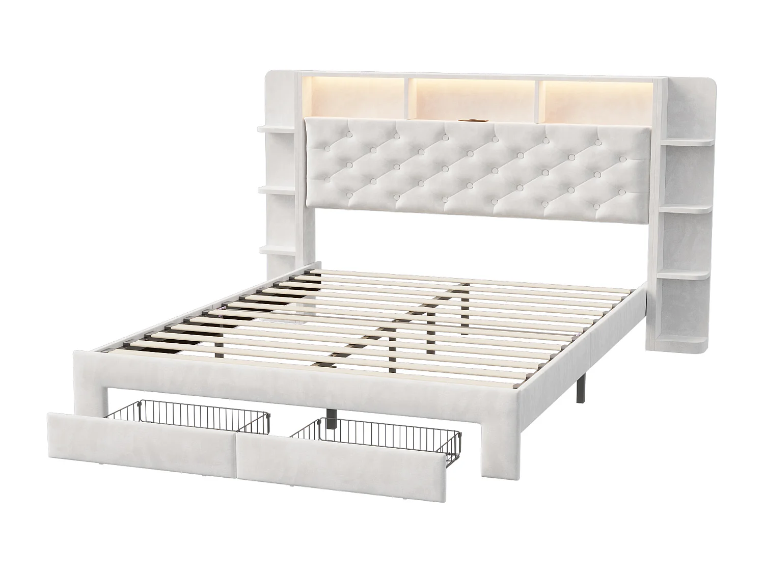 Lit coffre avec rangements, LED multicolores et station de charge USB – 160x200 cm – Tissu velours blanc – Design moderne