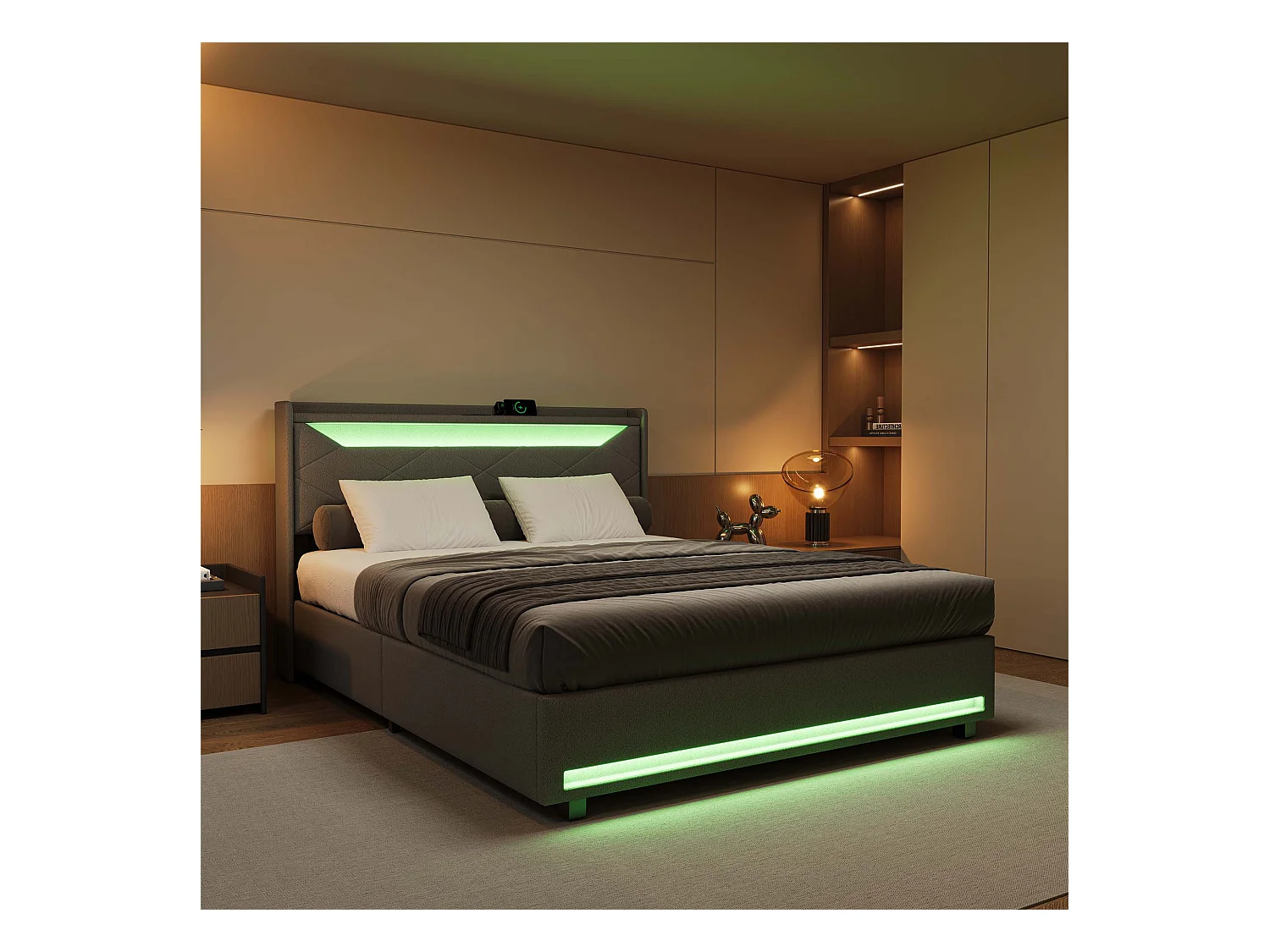 Lit double 140x200 cm avec rangement et éclairage LED – Tissu gris avec port USB, prise Type-C et vérins à gaz