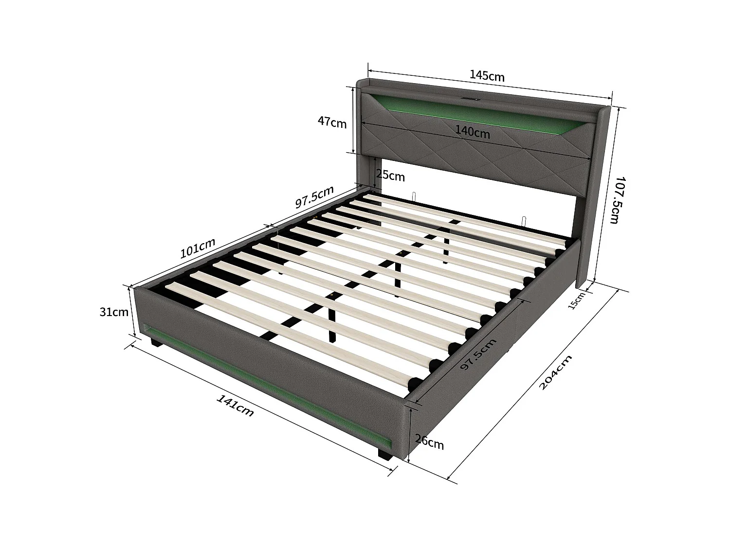 Lit double 140x200 cm avec rangement et éclairage LED – Tissu gris avec port USB, prise Type-C et vérins à gaz
