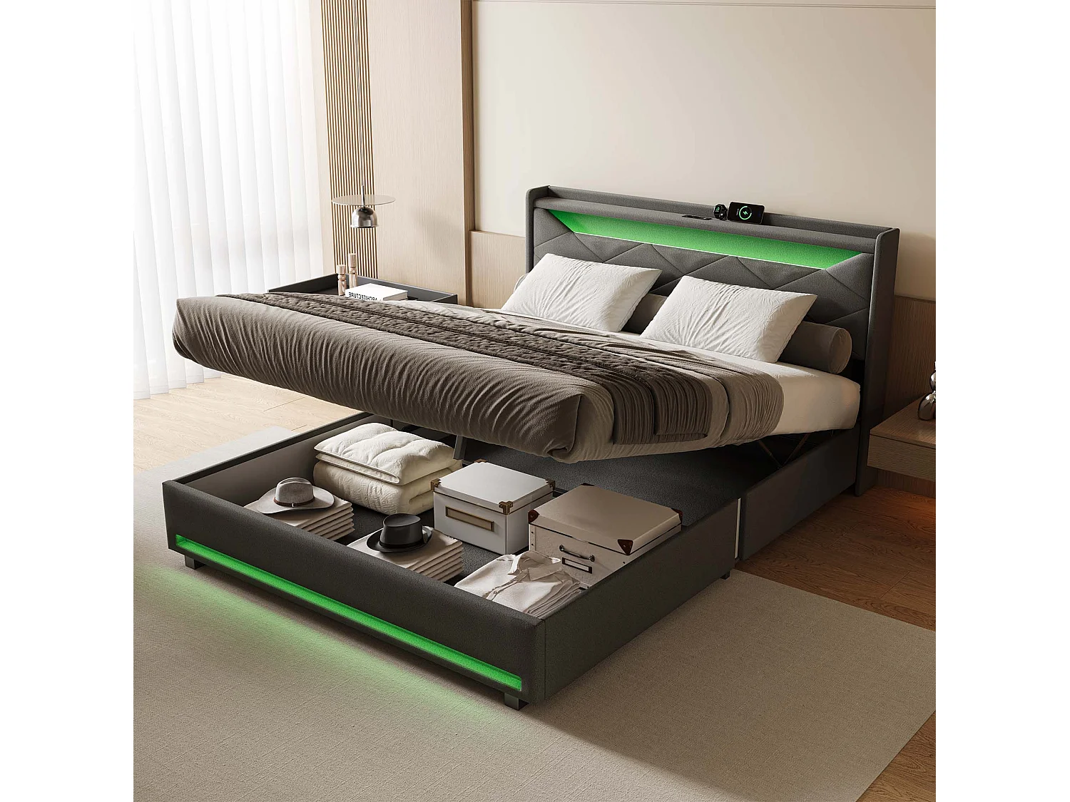 Tweepersoonsbed 140x200 cm met opbergruimte en LED-verlichting - Grijze stof met USB-aansluiting, Type-C-aansluiting en gasveren