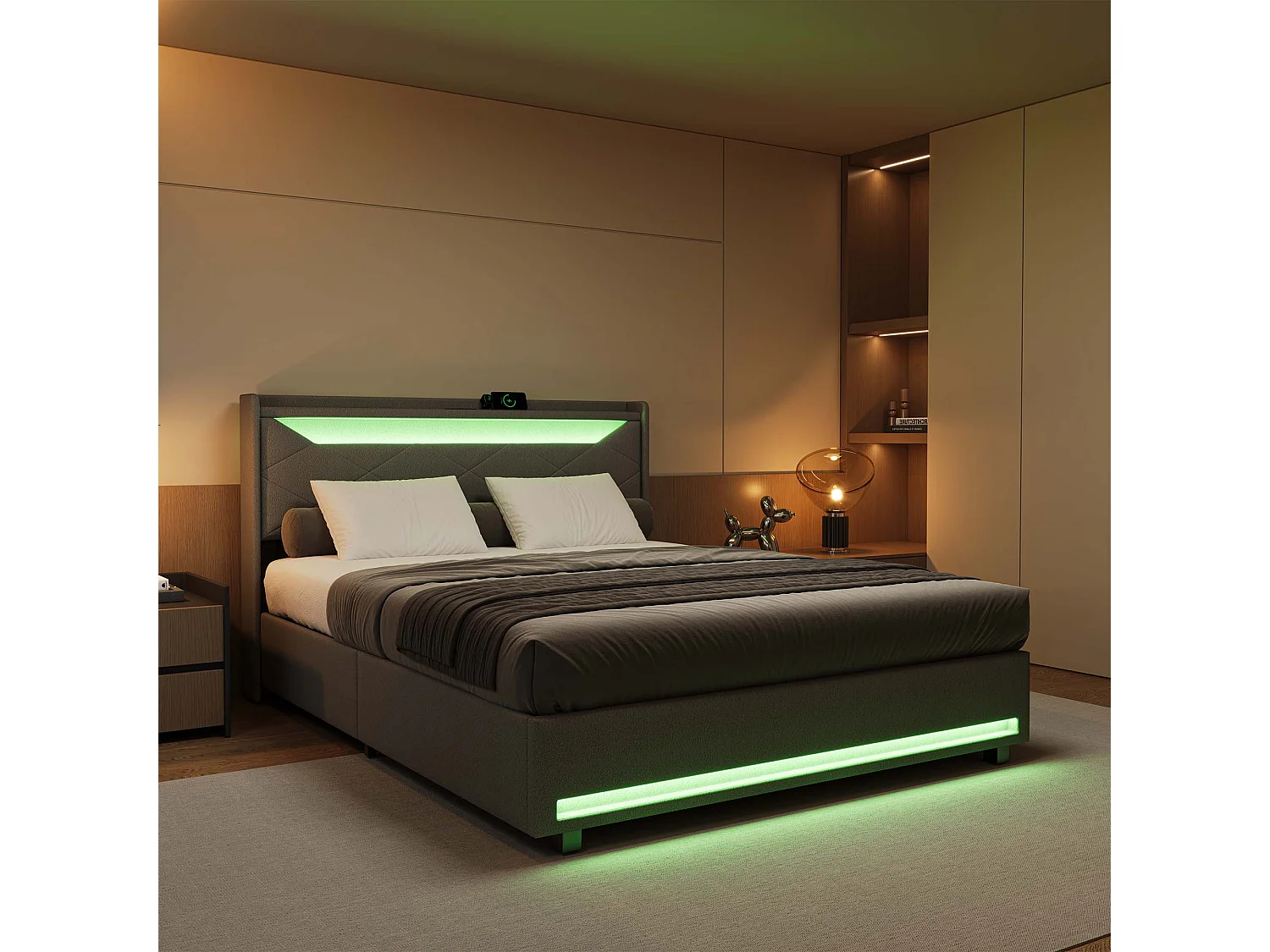 Tweepersoonsbed 140x200 cm met opbergruimte en LED-verlichting - Grijze stof met USB-aansluiting, Type-C-aansluiting en gasveren