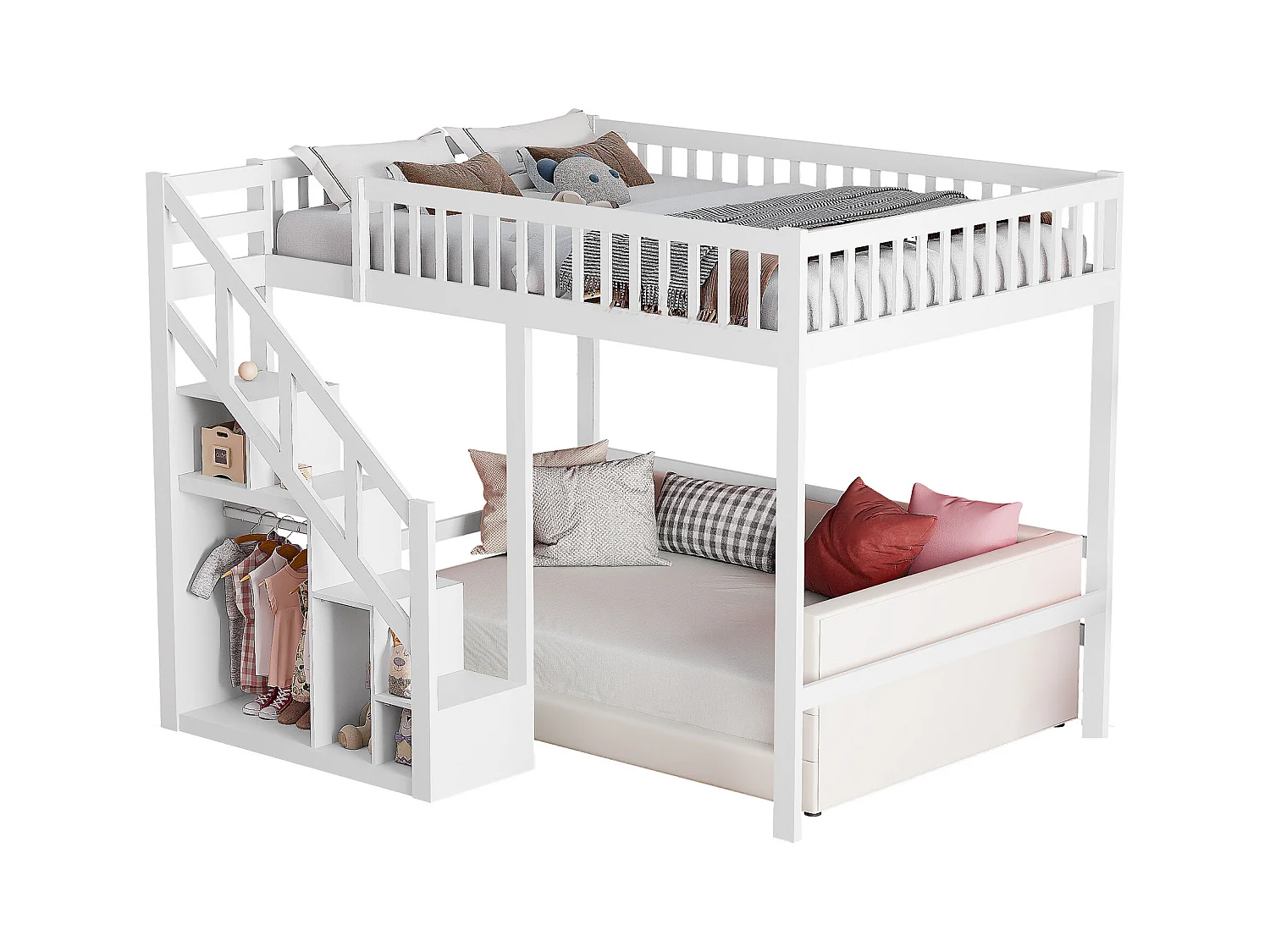 Cama alta multifuncional de madera maciza de 140x200 cm con escalera de almacenaje, barandilla alta y elegante acabado blanco