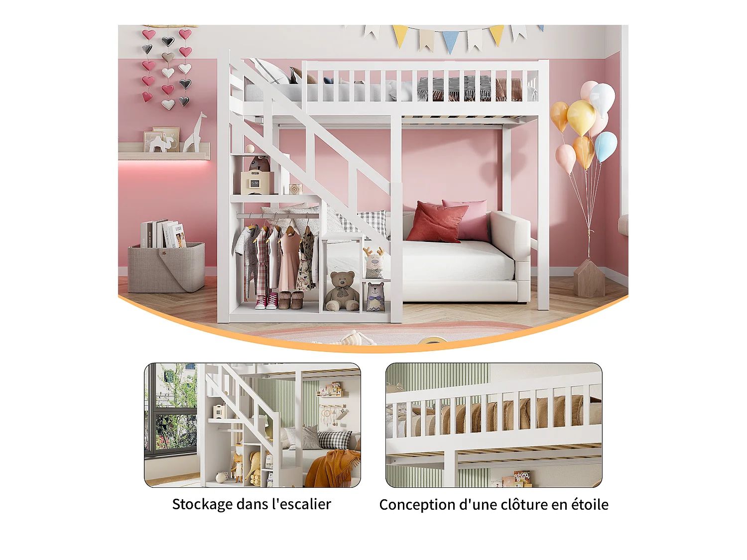 Cama alta multifuncional de madera maciza de 140x200 cm con escalera de almacenaje, barandilla alta y elegante acabado blanco