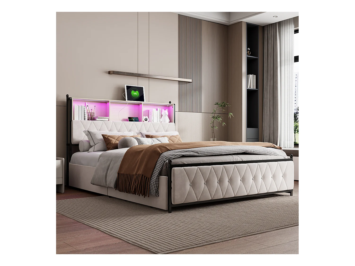 Lit coffre avec tiroirs en velours beige capitonné, tête de lit LED multicolore avec rangement et ports USB/Type-C – 160x200 cm