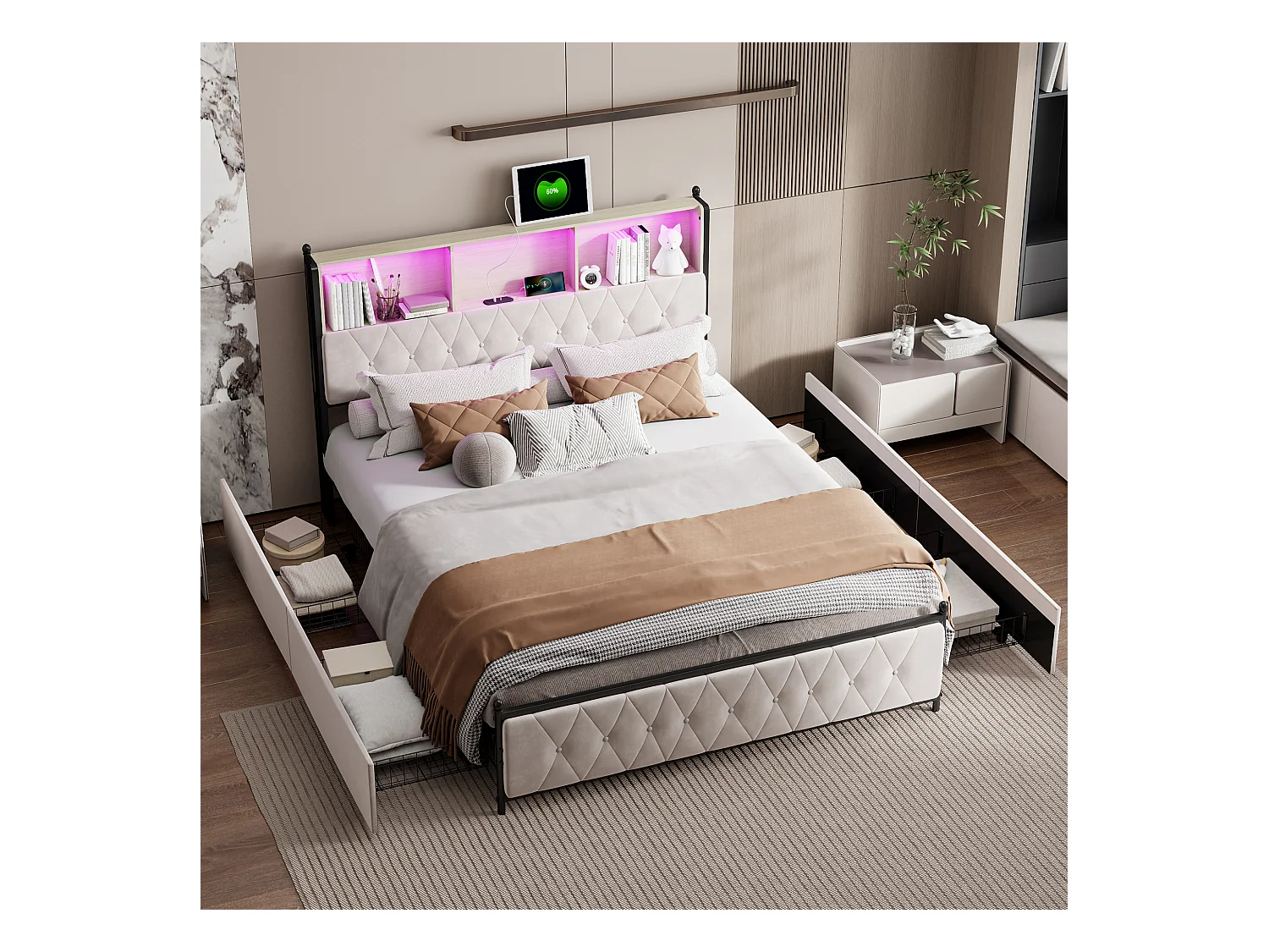 Cama estofada em veludo bege com gavetas, cabeceira LED multicolorida com arrumação e portas USB/Tipo C – 160x200 cm