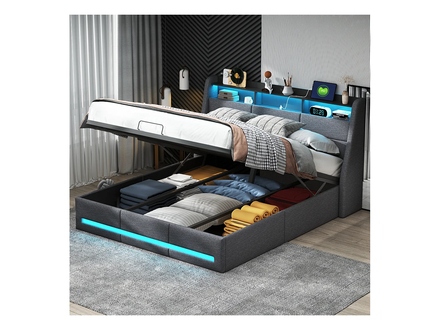 Lit coffre avec LED et prise intégrée en tissu gris – 140x190 cm – Structure avec vérins hydrauliques, tête et pied de lit lumineux, rangement spacieux