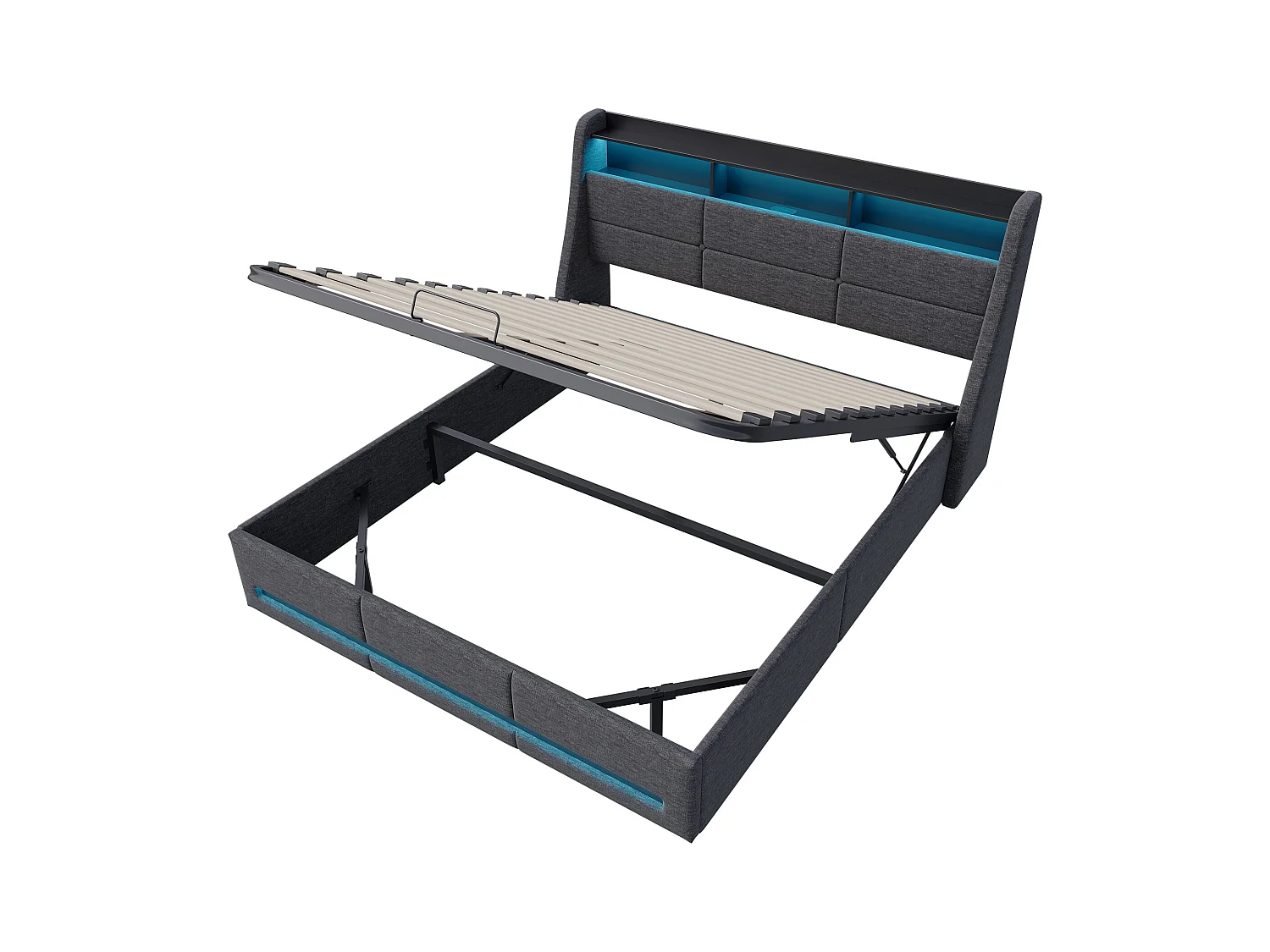 Lit coffre avec LED et prise intégrée en tissu gris – 140x190 cm – Structure avec vérins hydrauliques, tête et pied de lit lumineux, rangement spacieux