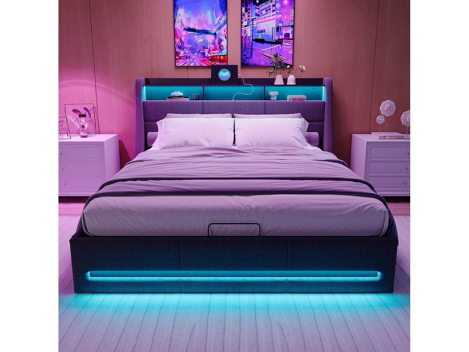 Lit coffre avec LED et prise intégrée en tissu gris – 140x190 cm – Structure avec vérins hydrauliques, tête et pied de lit lumineux, rangement spacieux