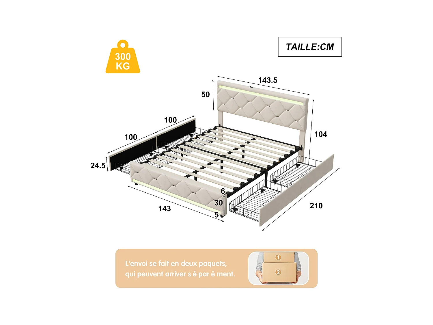 Lit coffre avec 4 tiroirs, LED multicolore et ports USB – 140x200 cm, Velours beige