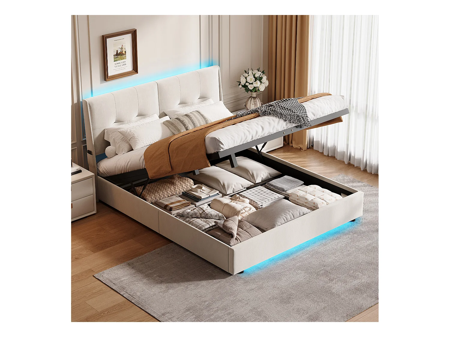 Lit double coffre avec LED intégrées et tête de lit en velours avec poches latérales – 140x200 cm – Beige