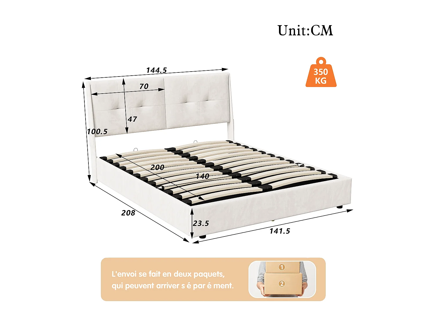 Lit double coffre avec LED intégrées et tête de lit en velours avec poches latérales – 140x200 cm – Beige