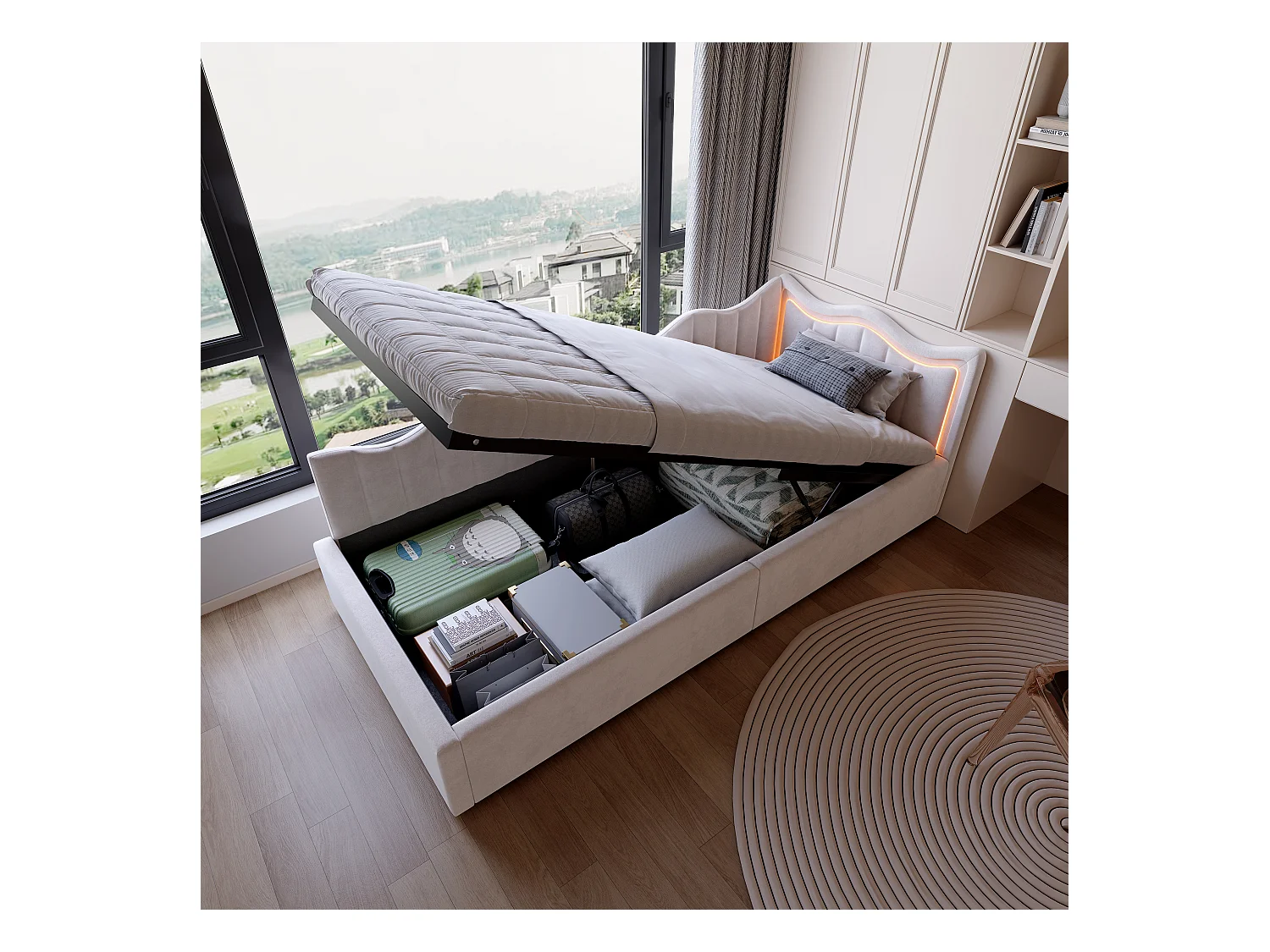 Sofá cama infantil con arcón y LED multicolor - 90x200 cm - Beige en tejido de felpa