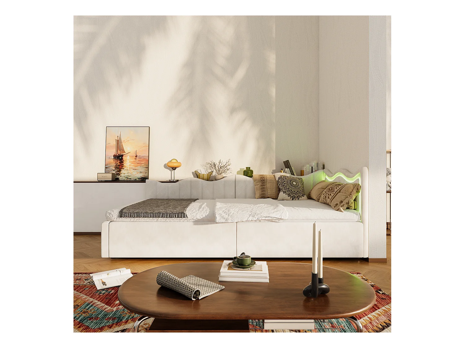 Sofá cama infantil con arcón y LED multicolor - 90x200 cm - Beige en tejido de felpa