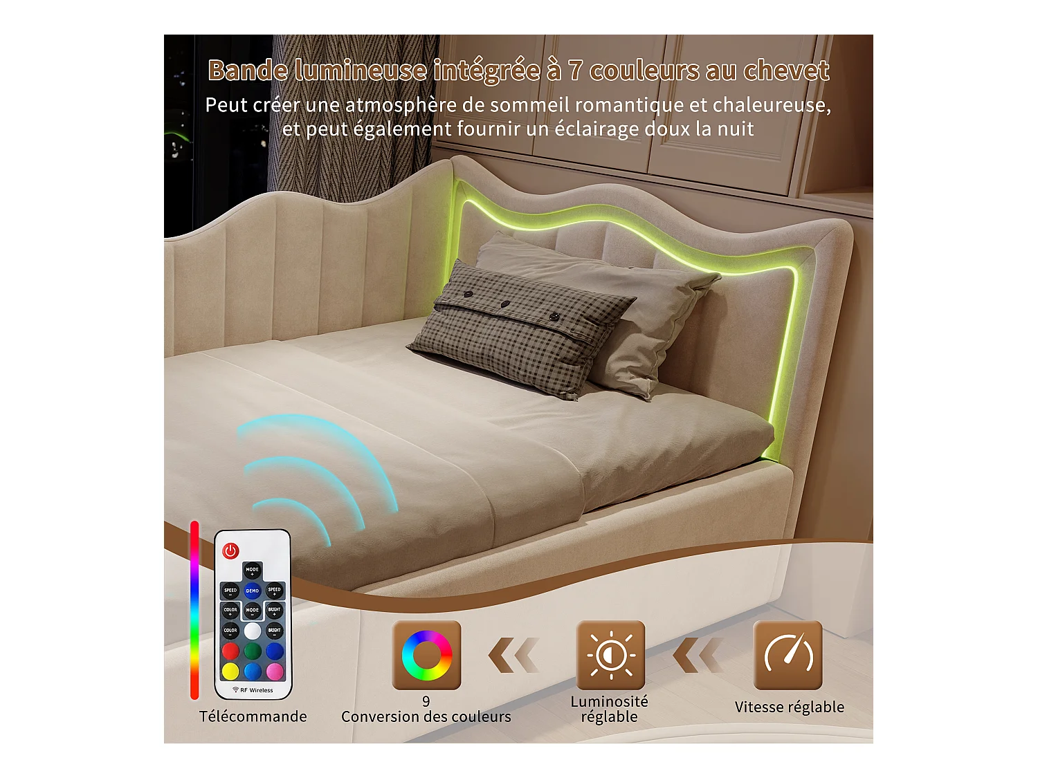 Sofá cama infantil con arcón y LED multicolor - 90x200 cm - Beige en tejido de felpa