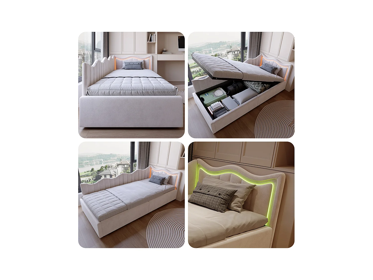 Sofá cama infantil con arcón y LED multicolor - 90x200 cm - Beige en tejido de felpa