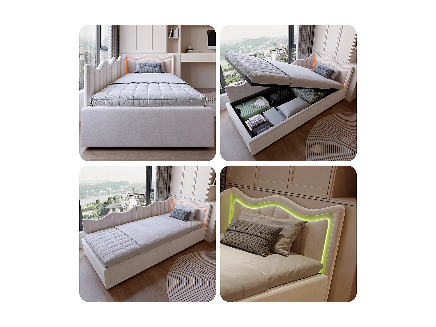 Kinderslaapbank met opbergvak en veelkleurige ledlampjes - 90x200 cm - Beige in pluche stof