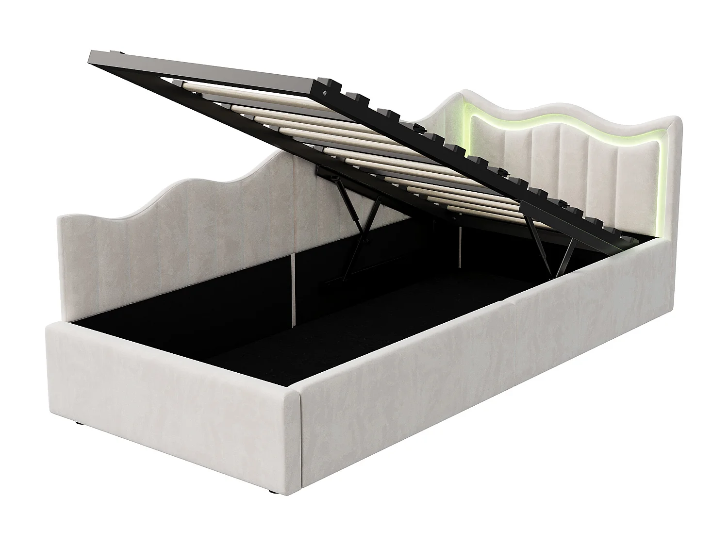 Kinderslaapbank met opbergvak en veelkleurige ledlampjes - 90x200 cm - Beige in pluche stof