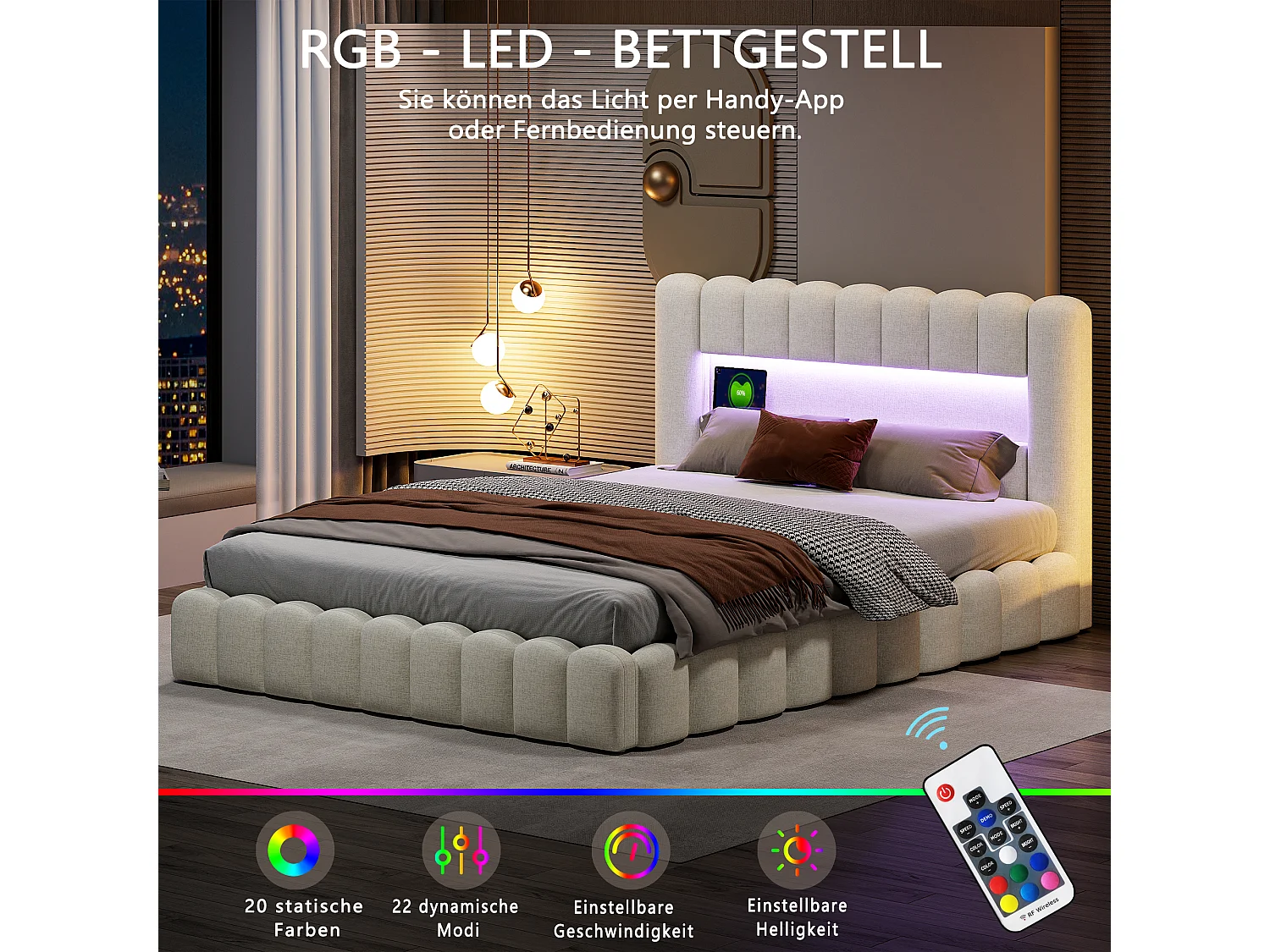 Designer seng med opbevaring i beige stof, træstamme-stil, med hydrauliske løfteanordninger, RGB LED-hovedgærde og USB/Type-C-porte – 160x200 cm