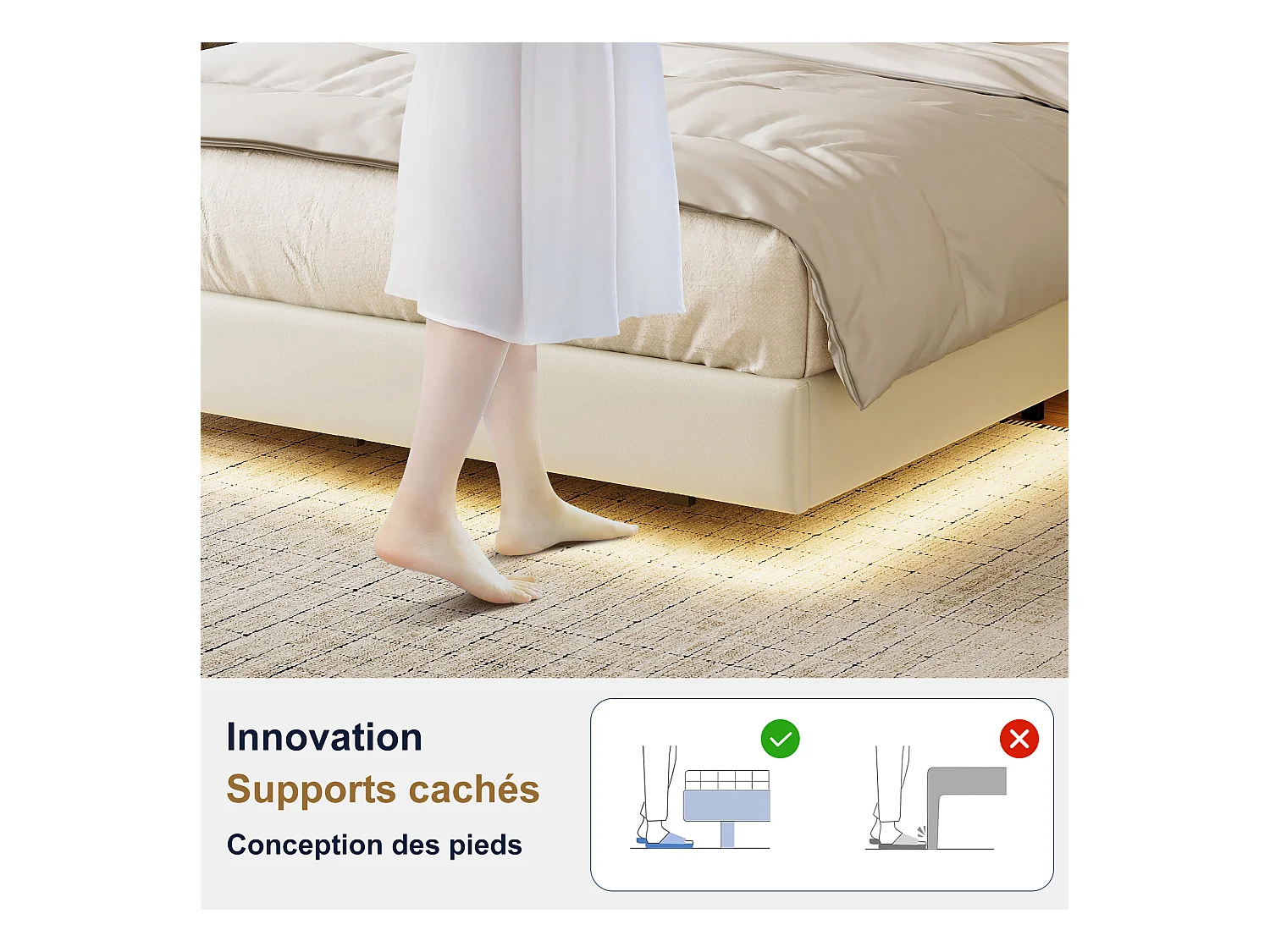 Lit double design suspendu avec rangement, LED multicolores et ports USB – 140x190 cm – Similicuir blanc & chêne clair